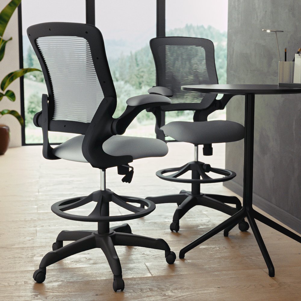 Mid-Back Dark Gray Mesh Drafting Chair with Adjustable Foot Ring. Picture 8