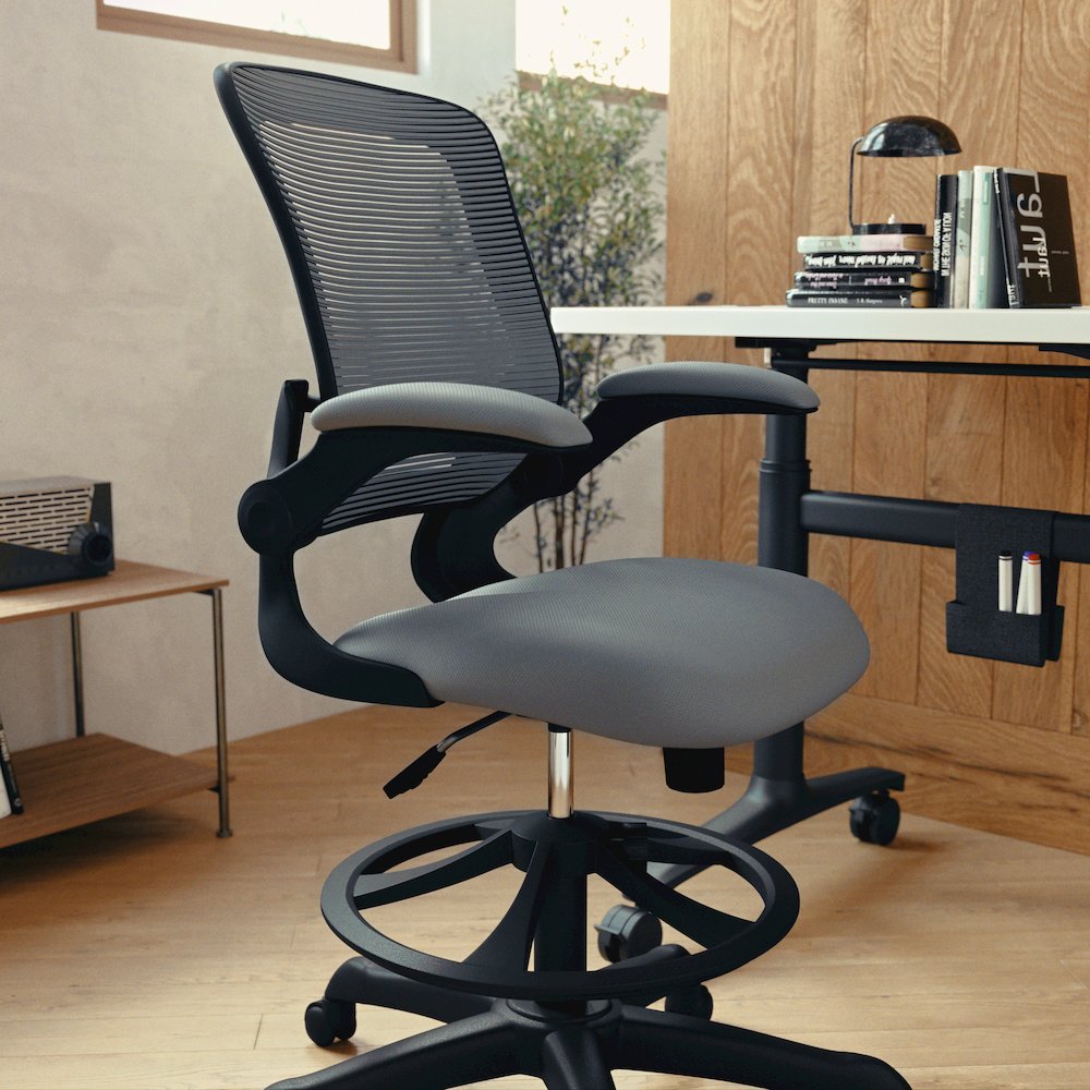 Mid-Back Dark Gray Mesh Drafting Chair with Adjustable Foot Ring. Picture 9