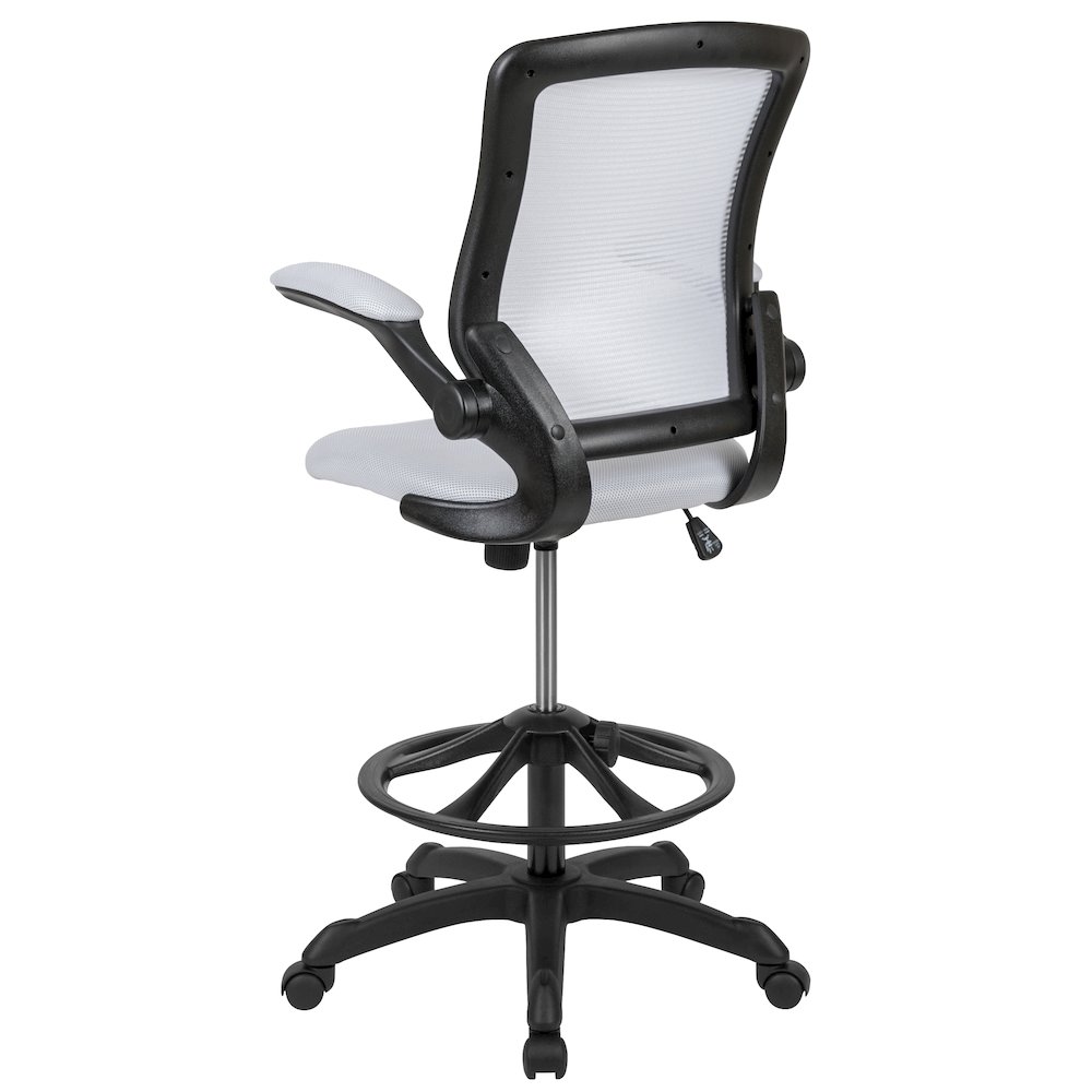 Mid-Back White Mesh Drafting Chair with Adjustable Foot Ring and Flip-Up Arms. Picture 10
