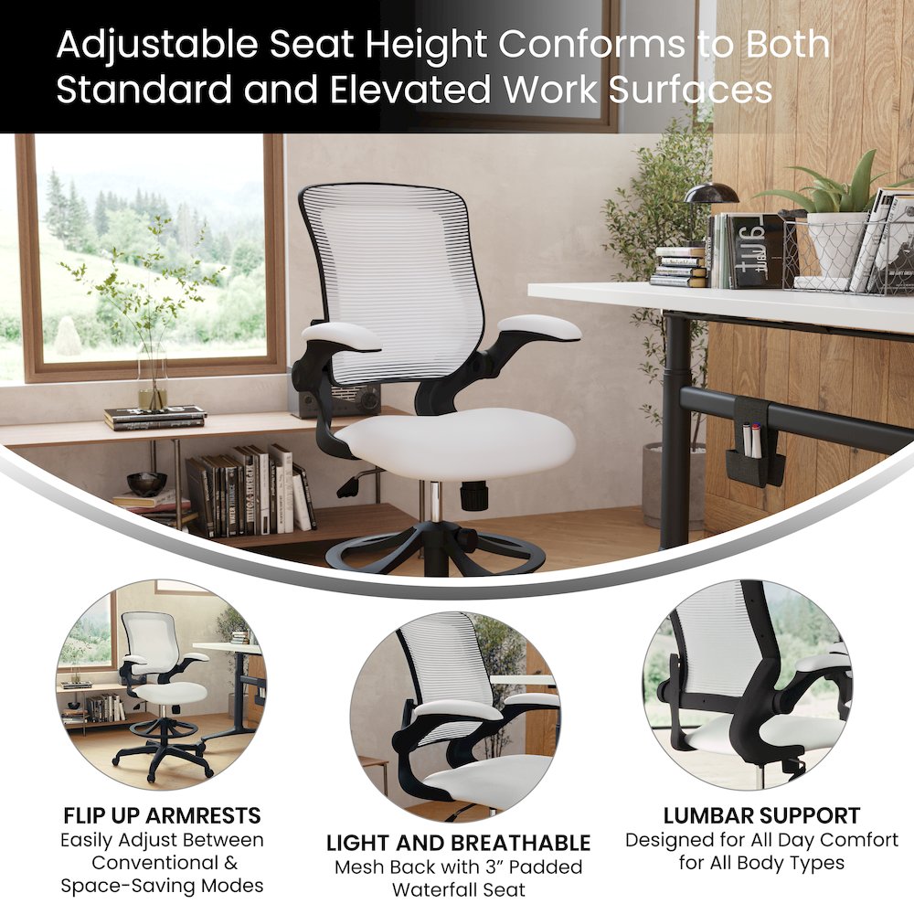Mid-Back White Mesh Drafting Chair with Adjustable Foot Ring and Flip-Up Arms. Picture 5