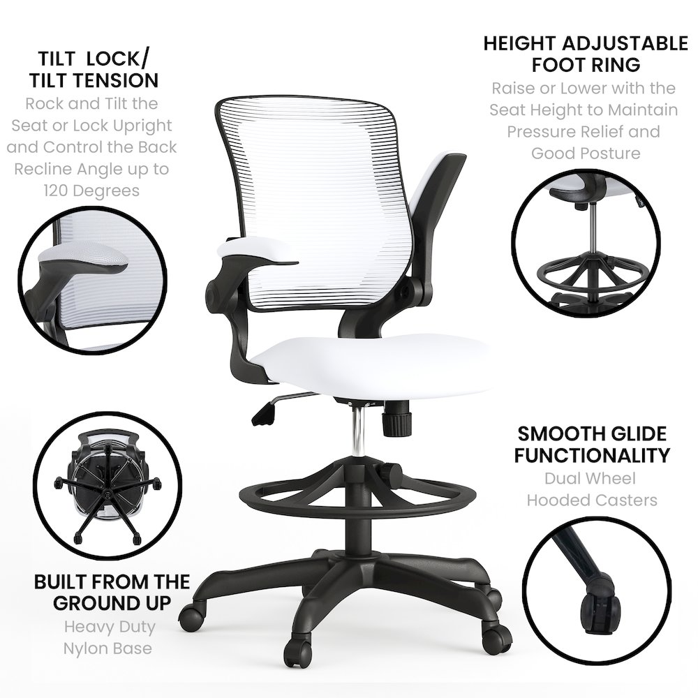 Mid-Back White Mesh Drafting Chair with Adjustable Foot Ring and Flip-Up Arms. Picture 6