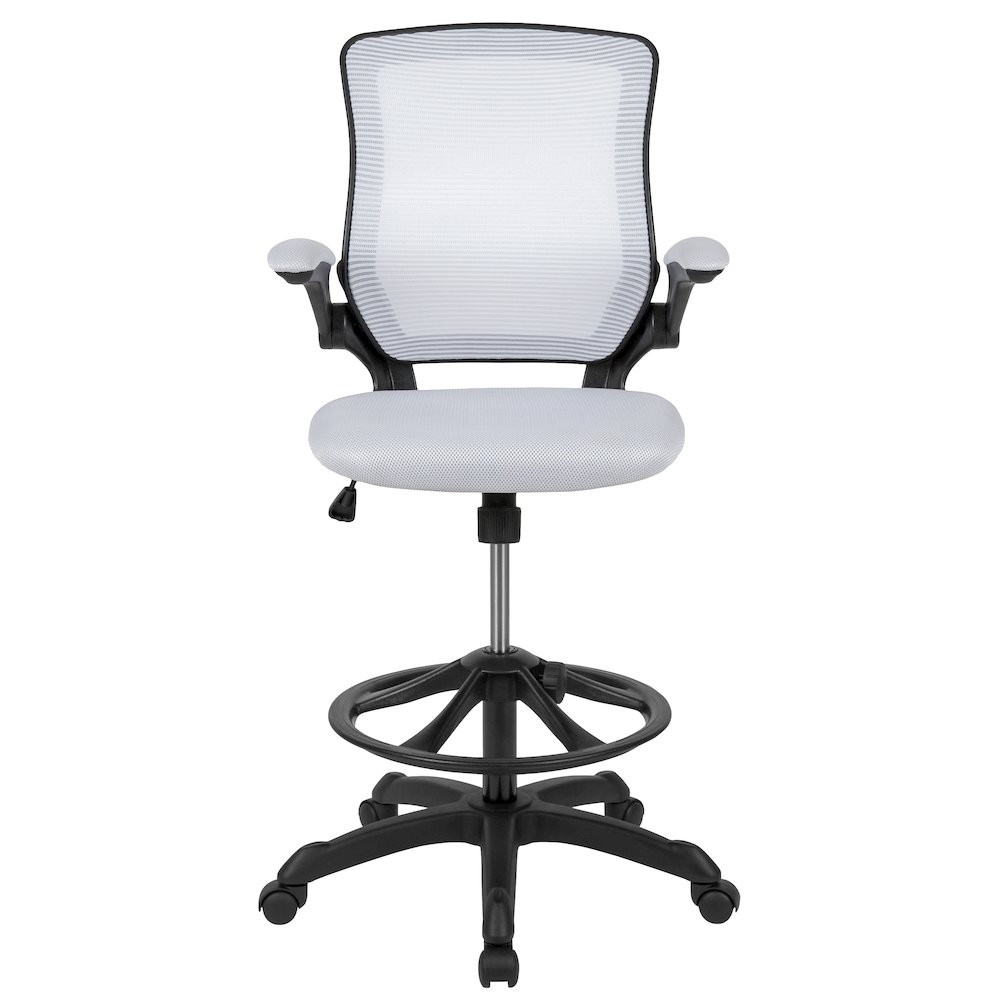 Mid-Back White Mesh Drafting Chair with Adjustable Foot Ring and Flip-Up Arms. Picture 13