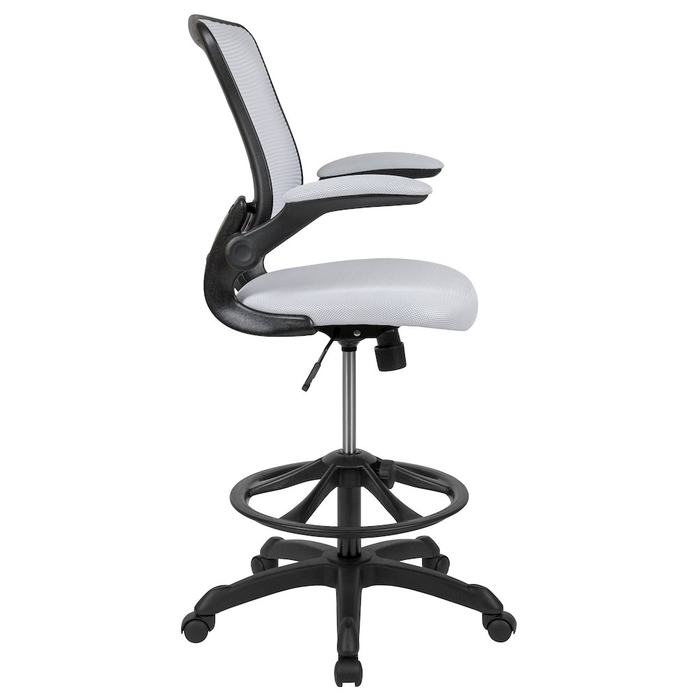 Mid-Back White Mesh Drafting Chair with Adjustable Foot Ring and Flip-Up Arms. Picture 12