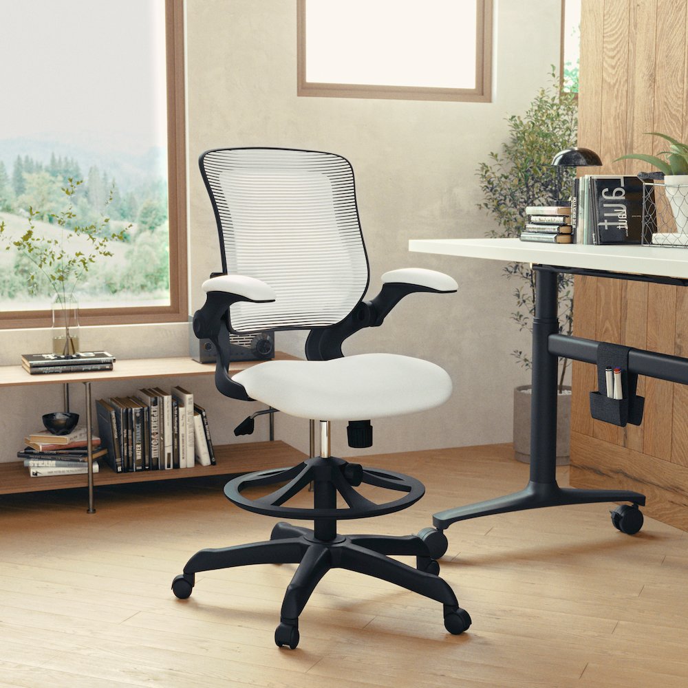 Mid-Back White Mesh Drafting Chair with Adjustable Foot Ring and Flip-Up Arms. Picture 2