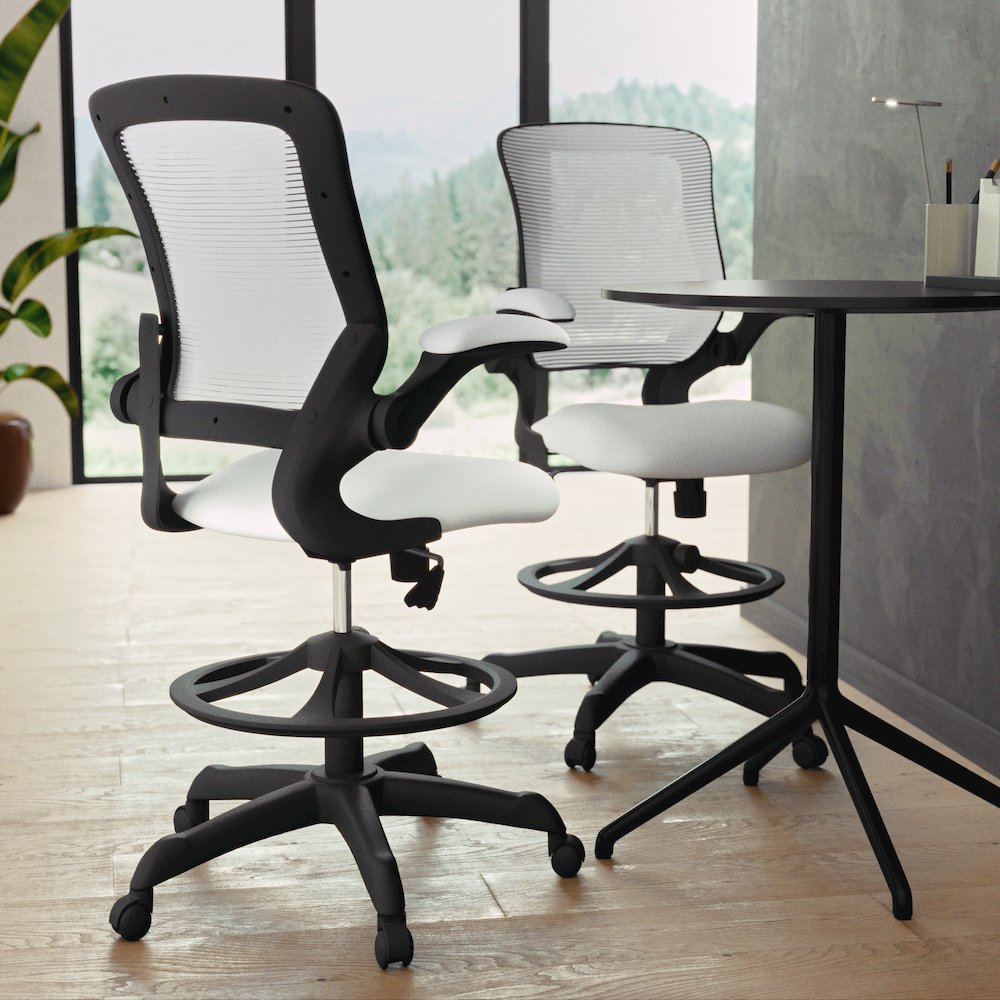 Mid-Back White Mesh Drafting Chair with Adjustable Foot Ring and Flip-Up Arms. Picture 8