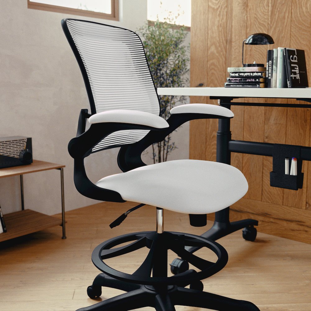 Mid-Back White Mesh Drafting Chair with Adjustable Foot Ring and Flip-Up Arms. Picture 9