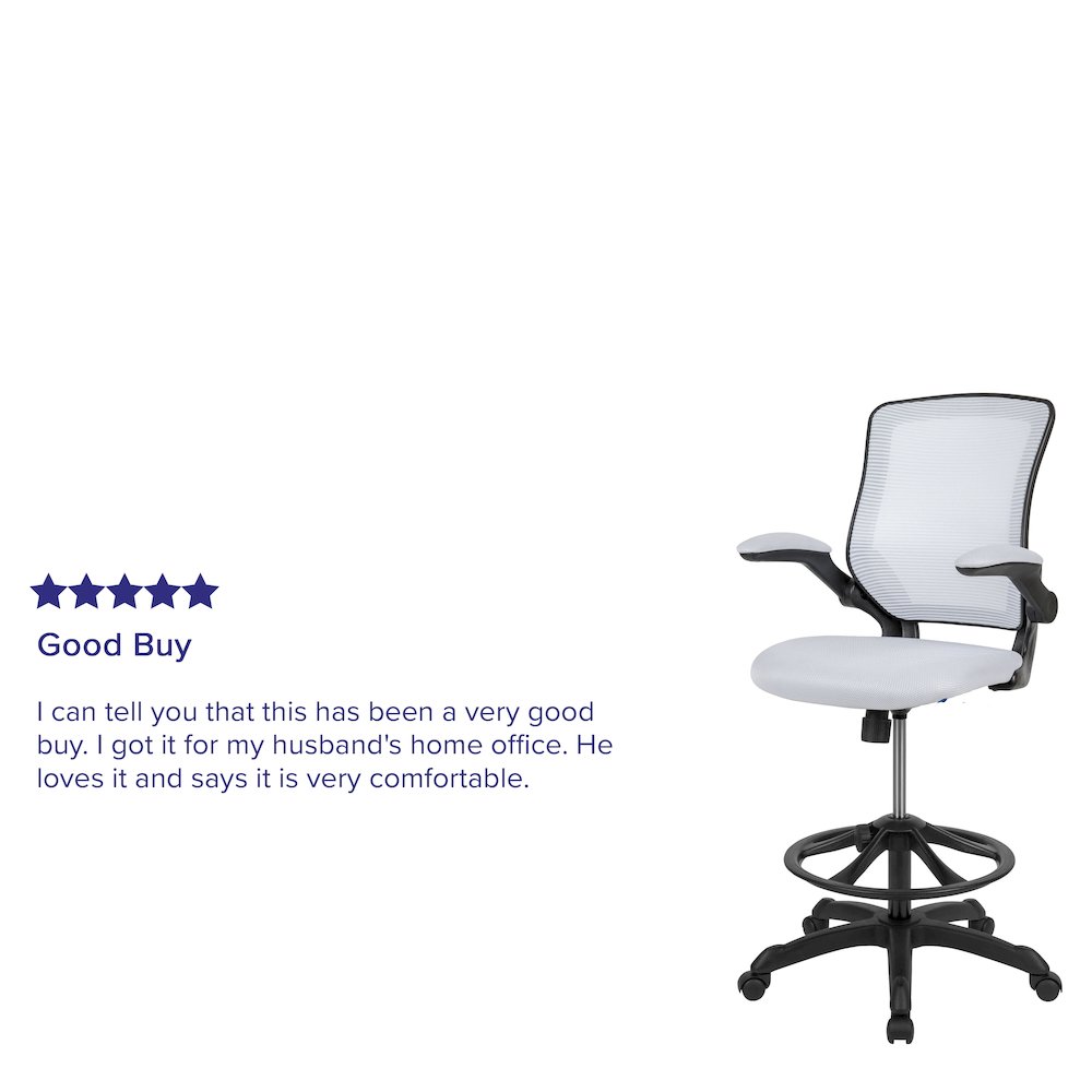 Mid-Back White Mesh Drafting Chair with Adjustable Foot Ring and Flip-Up Arms. Picture 4