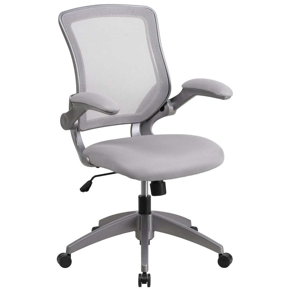 Mid-Back Gray Mesh Swivel Task Office Chair with Gray Frame and Flip-Up Arms. Picture 1