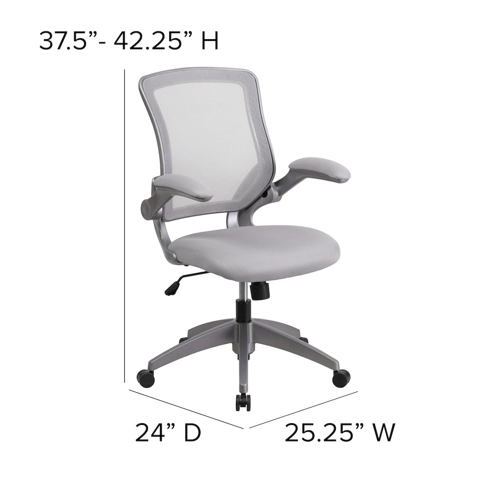 Mid-Back Gray Mesh Swivel Task Office Chair with Gray Frame and Flip-Up Arms. Picture 7