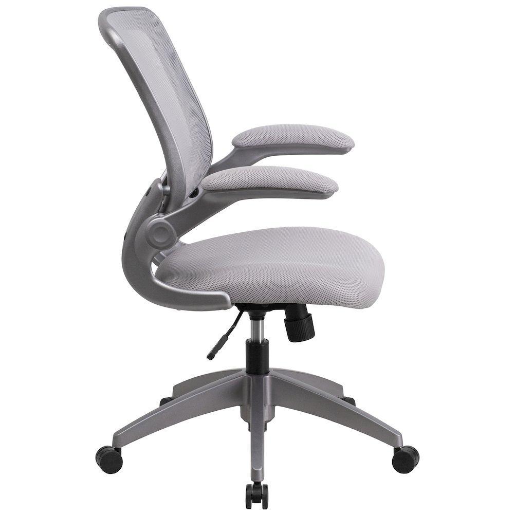 Mid-Back Gray Mesh Swivel Task Office Chair with Gray Frame and Flip-Up Arms. Picture 10