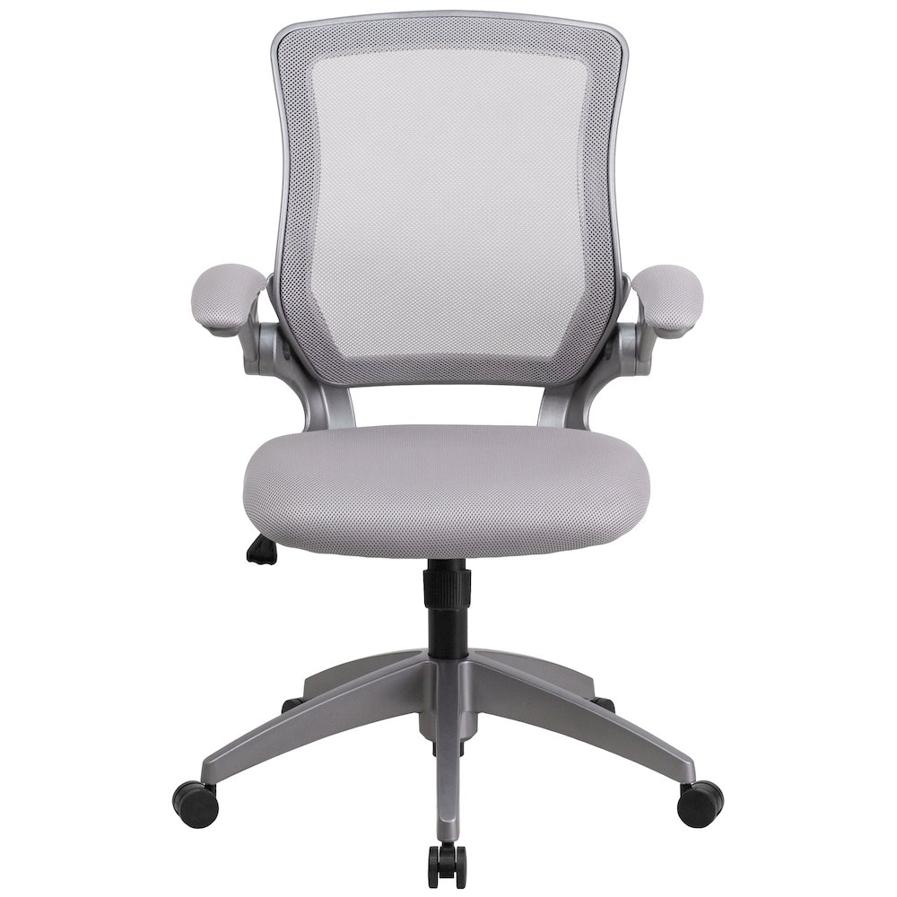Mid-Back Gray Mesh Swivel Task Office Chair with Gray Frame and Flip-Up Arms. Picture 11