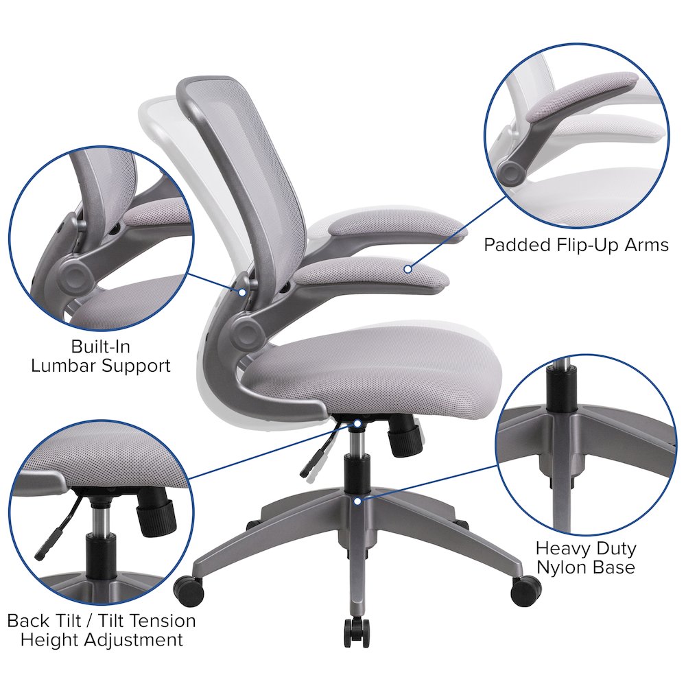 Mid-Back Gray Mesh Swivel Task Office Chair with Gray Frame and Flip-Up Arms. Picture 6