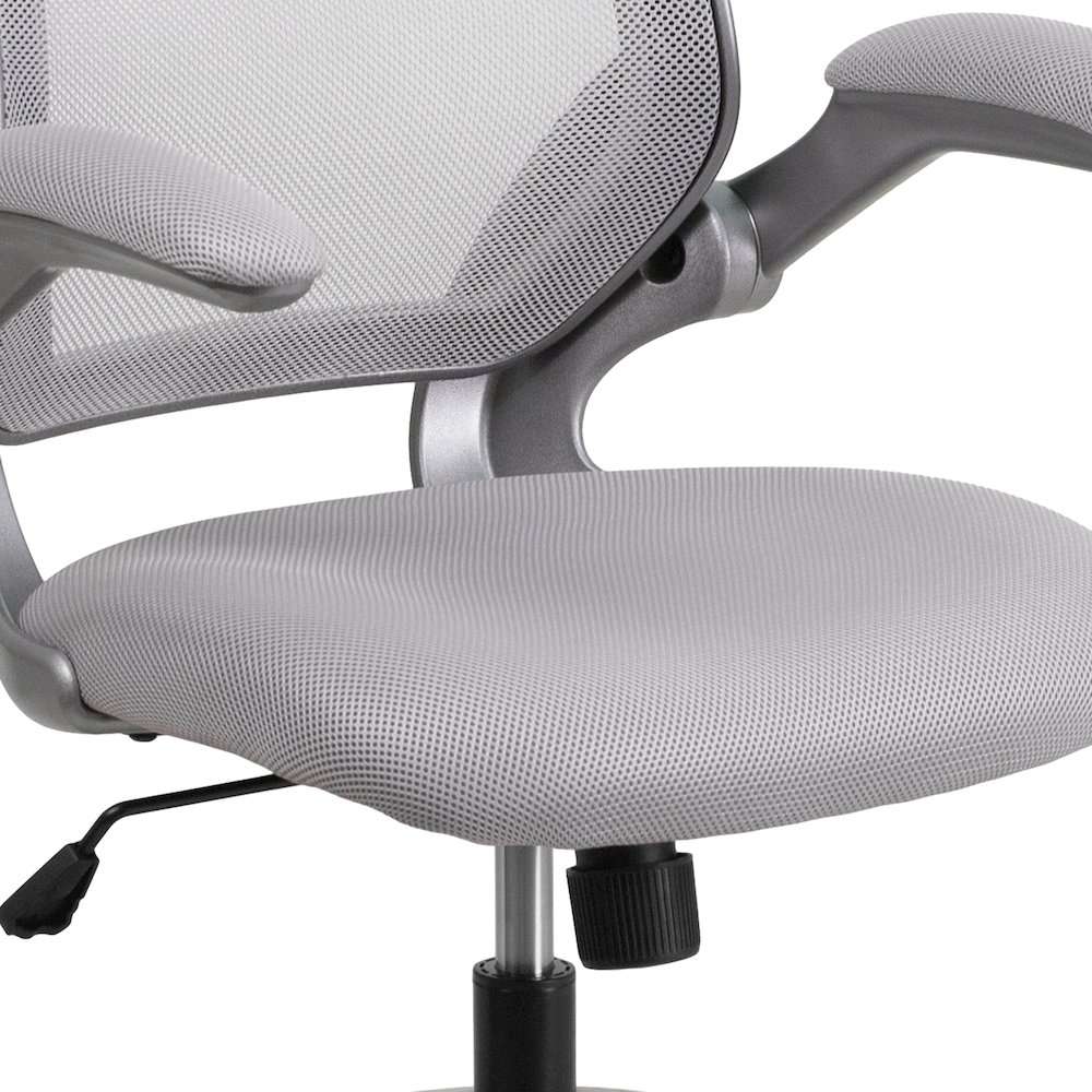 Mid-Back Gray Mesh Swivel Task Office Chair with Gray Frame and Flip-Up Arms. Picture 12