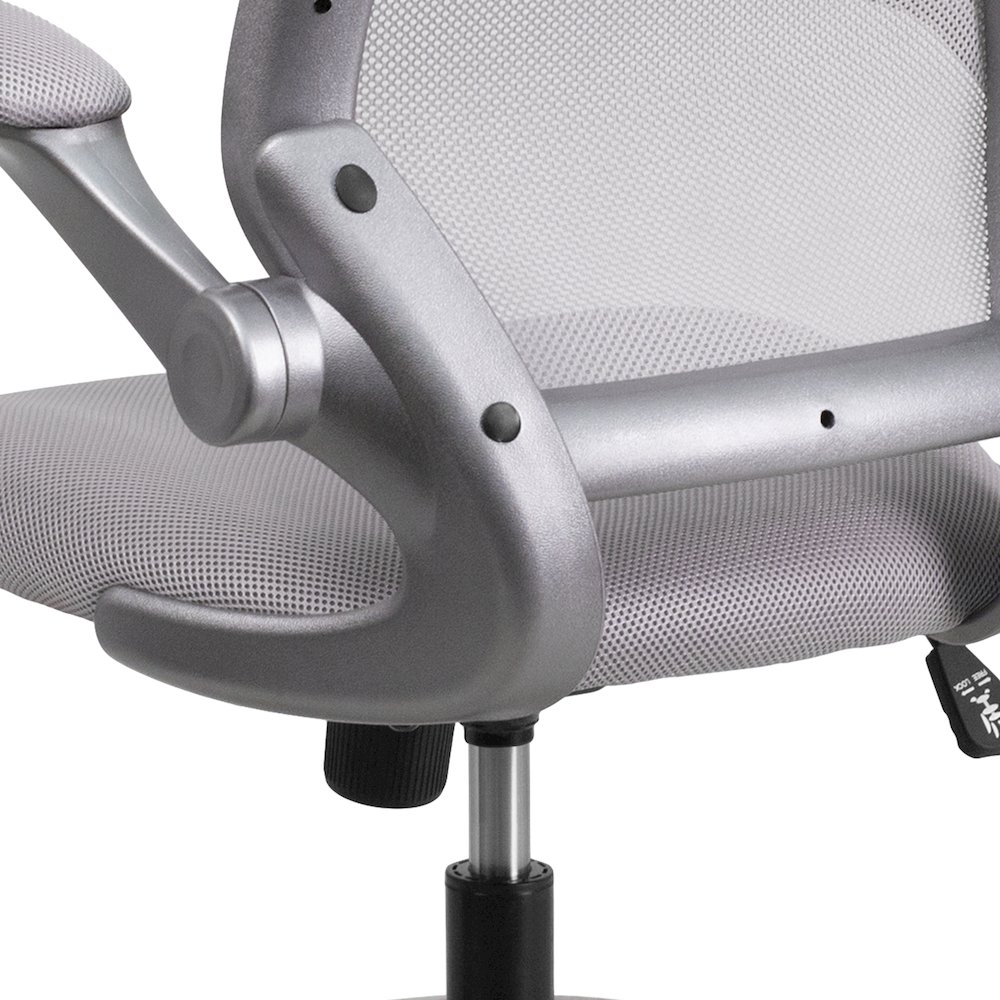 Mid-Back Gray Mesh Swivel Task Office Chair with Gray Frame and Flip-Up Arms. Picture 9