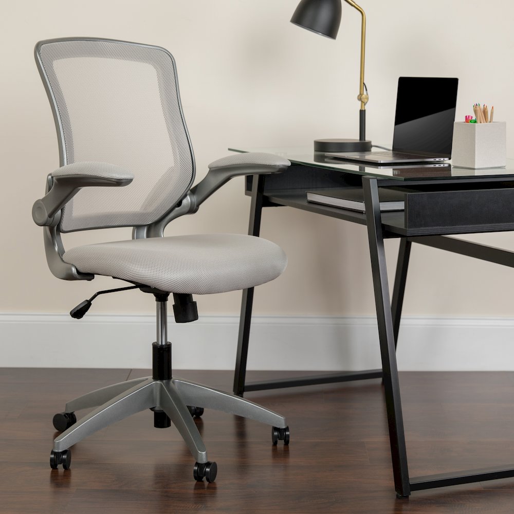 Mid-Back Gray Mesh Swivel Task Office Chair with Gray Frame and Flip-Up Arms. Picture 2