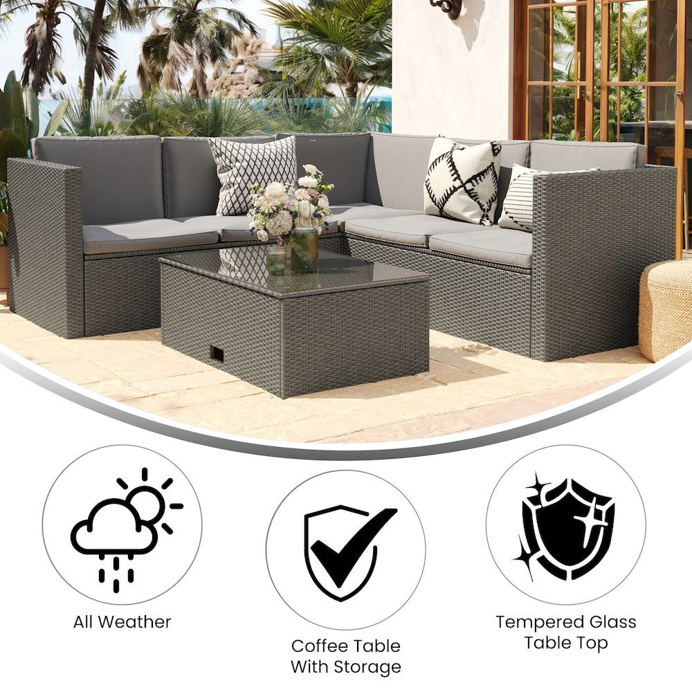 L-Shaped Sectional with Coffee Table in Gray Wicker PE Rattan, Gray Cushions. Picture 4