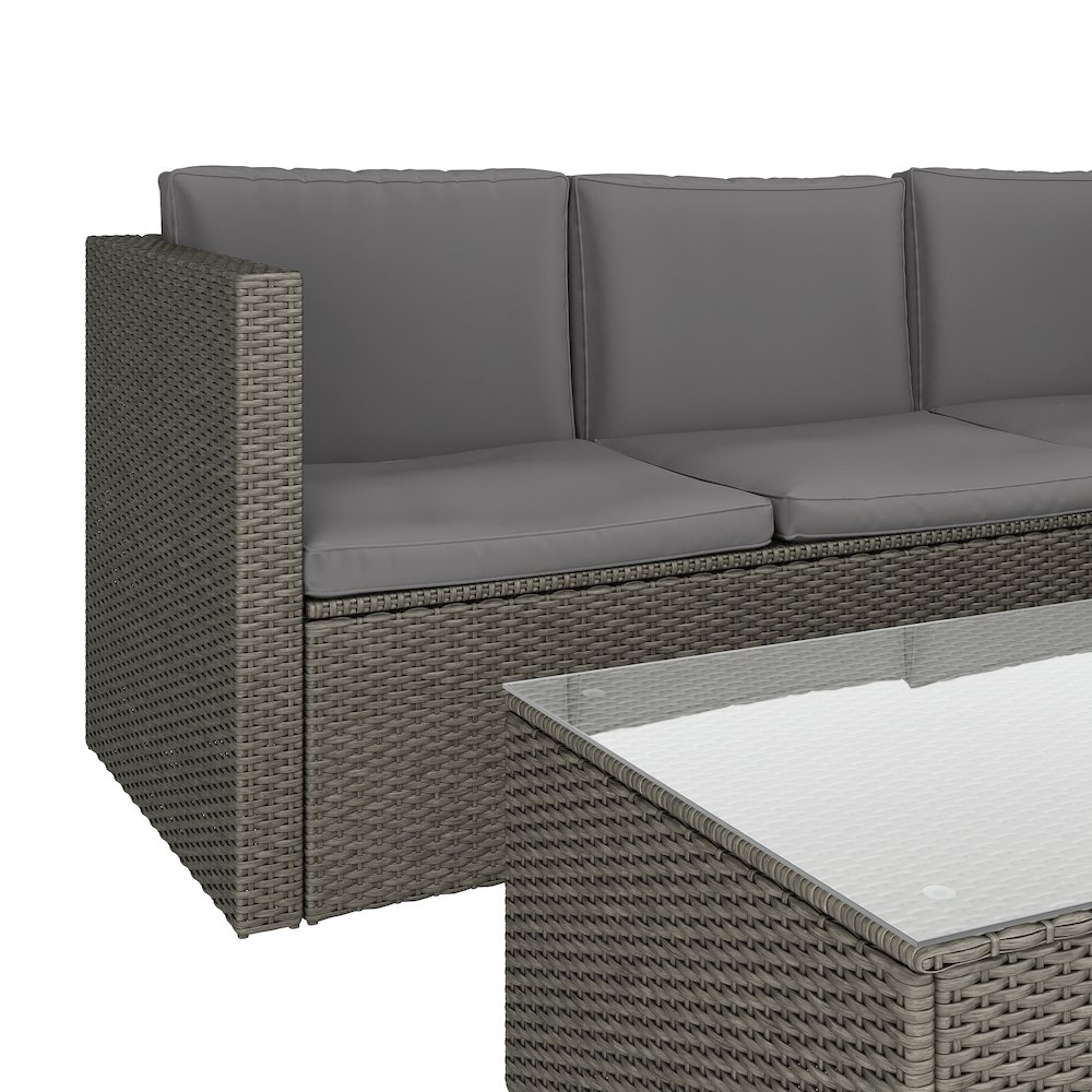 L-Shaped Sectional with Coffee Table in Gray Wicker PE Rattan, Gray Cushions. Picture 10