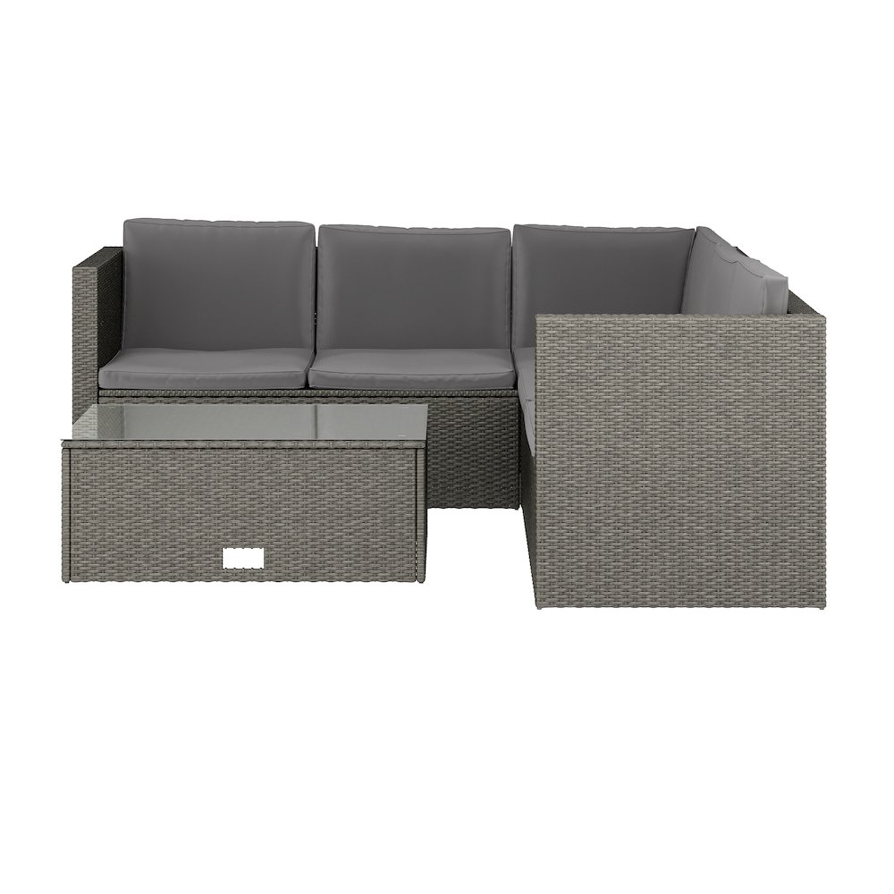 L-Shaped Sectional with Coffee Table in Gray Wicker PE Rattan, Gray Cushions. Picture 12