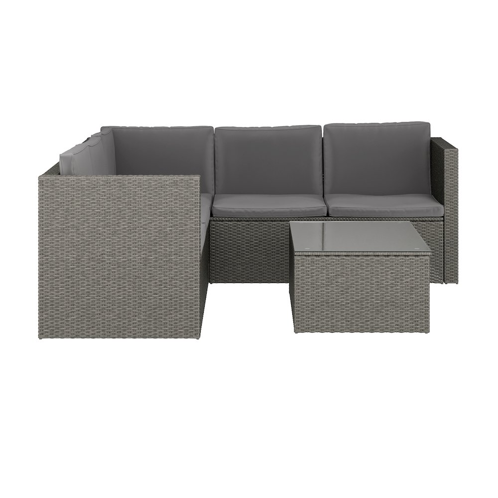 L-Shaped Sectional with Coffee Table in Gray Wicker PE Rattan, Gray Cushions. Picture 11