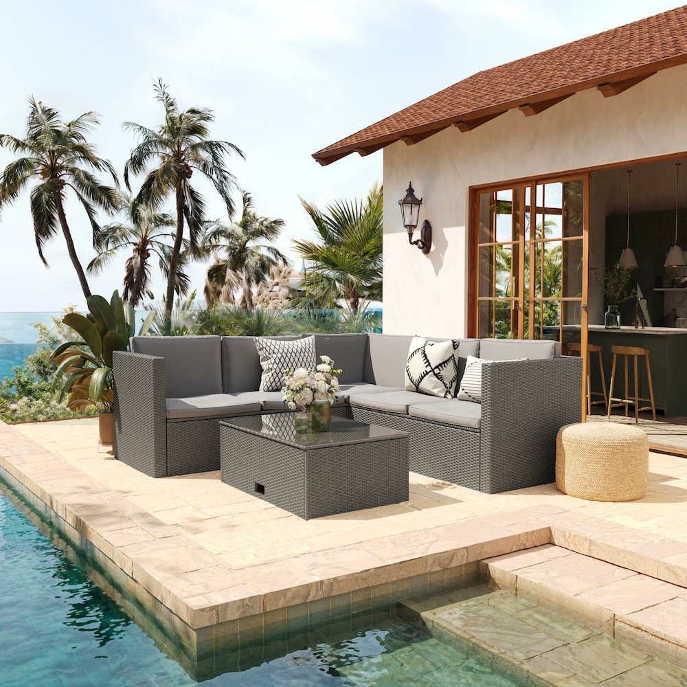 L-Shaped Sectional with Coffee Table in Gray Wicker PE Rattan, Gray Cushions. Picture 3
