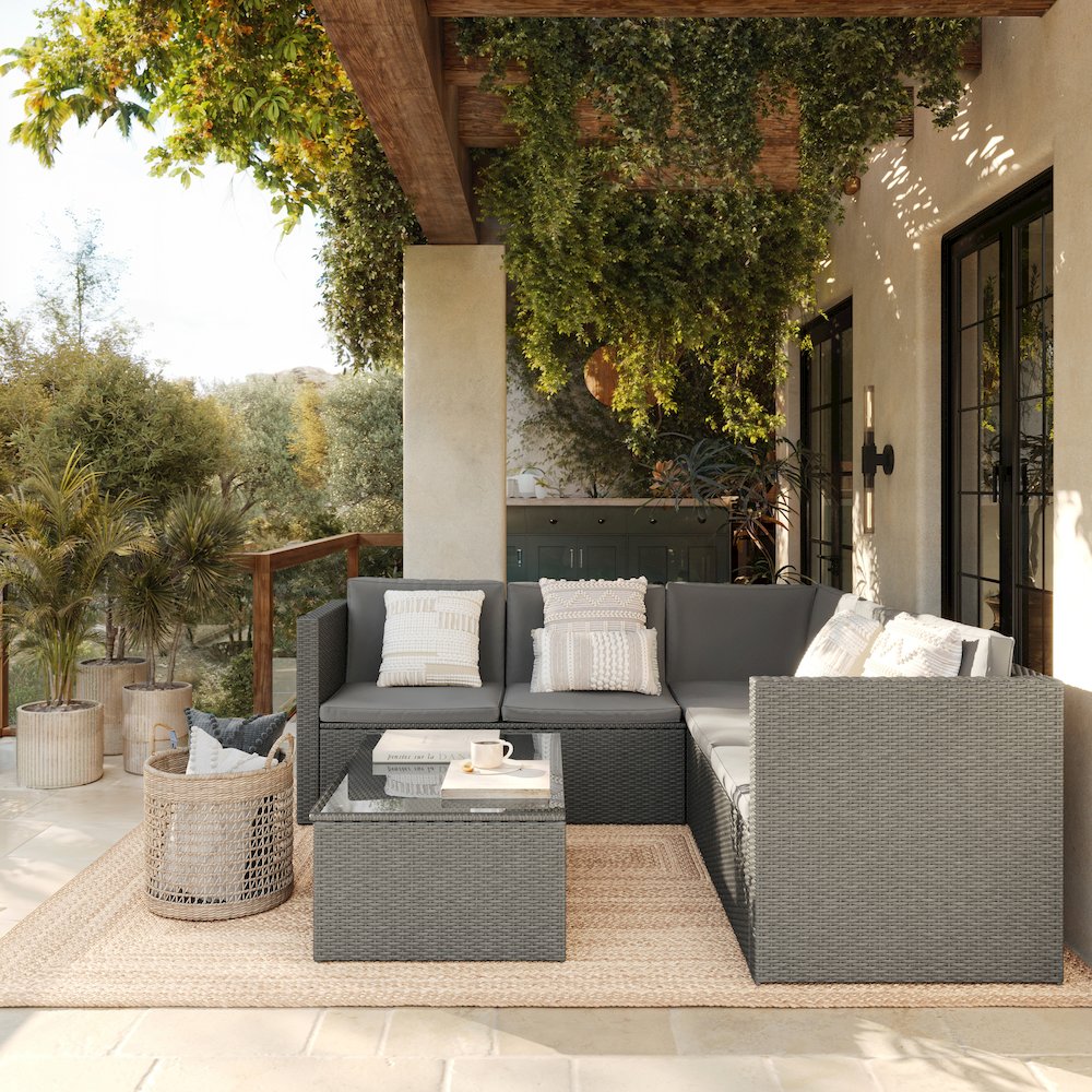 L-Shaped Sectional with Coffee Table in Gray Wicker PE Rattan, Gray Cushions. Picture 7