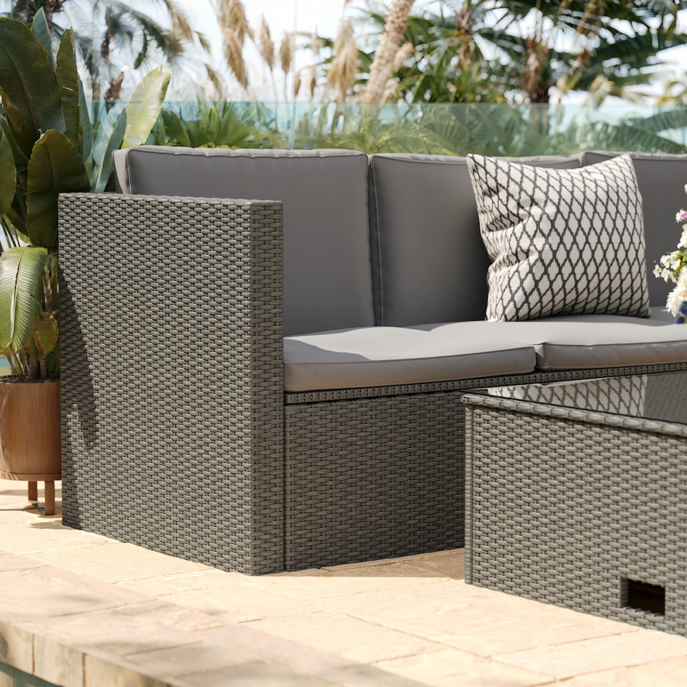 L-Shaped Sectional with Coffee Table in Gray Wicker PE Rattan, Gray Cushions. Picture 8