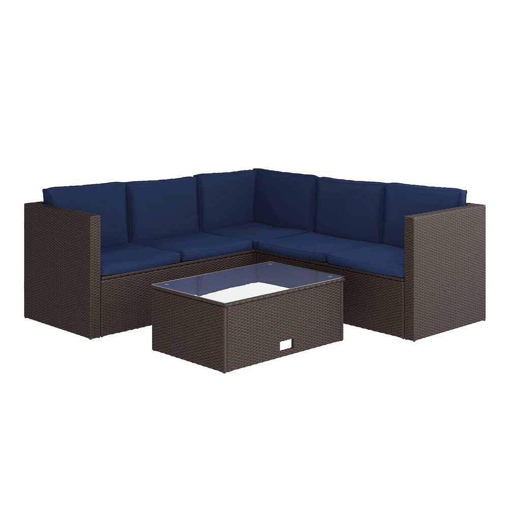 L-Shaped Sectional with Coffee Table in Brown Wicker PE Rattan, Navy Cushions. Picture 1