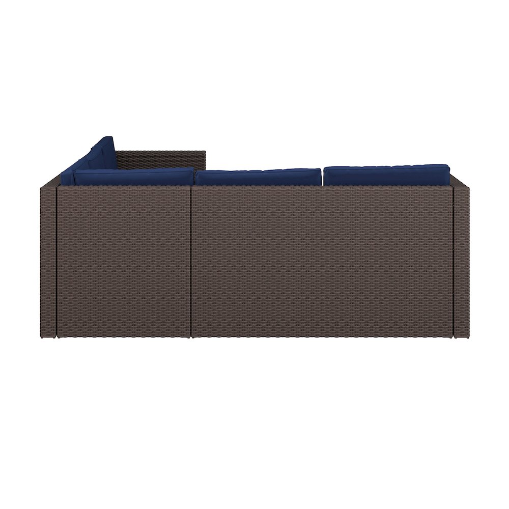 L-Shaped Sectional with Coffee Table in Brown Wicker PE Rattan, Navy Cushions. Picture 9