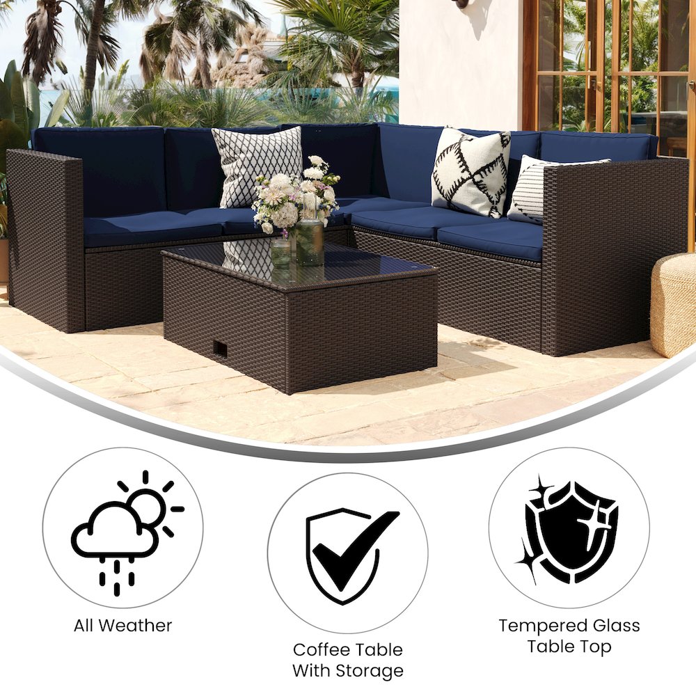 L-Shaped Sectional with Coffee Table in Brown Wicker PE Rattan, Navy Cushions. Picture 4