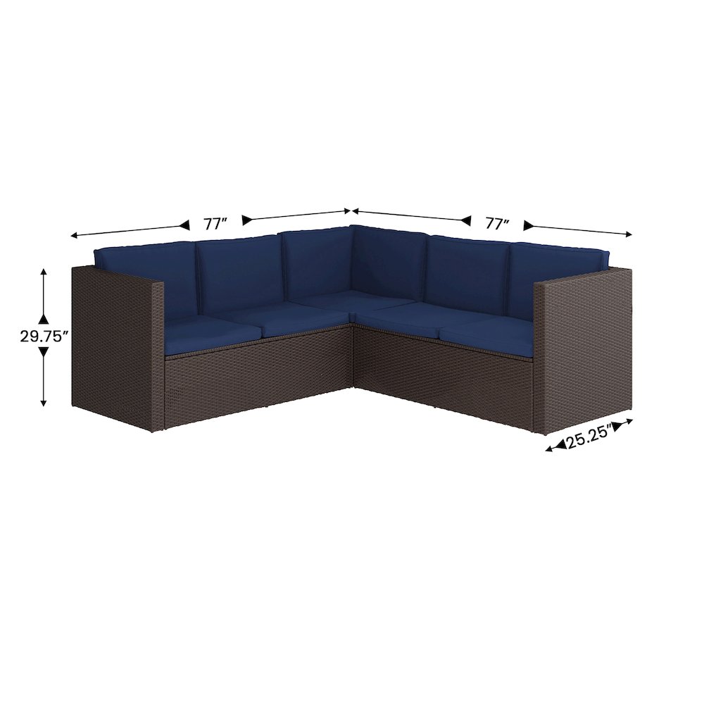 L-Shaped Sectional with Coffee Table in Brown Wicker PE Rattan, Navy Cushions. Picture 5