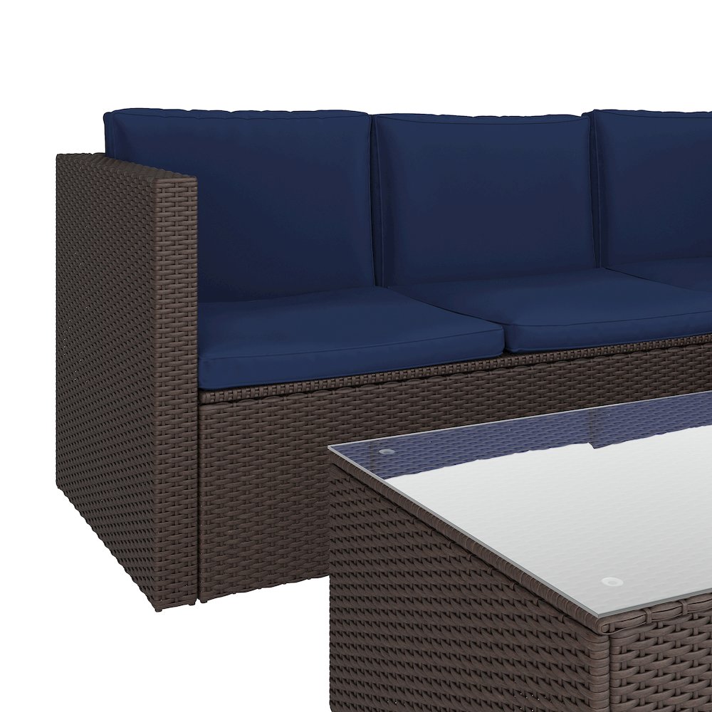 L-Shaped Sectional with Coffee Table in Brown Wicker PE Rattan, Navy Cushions. Picture 10