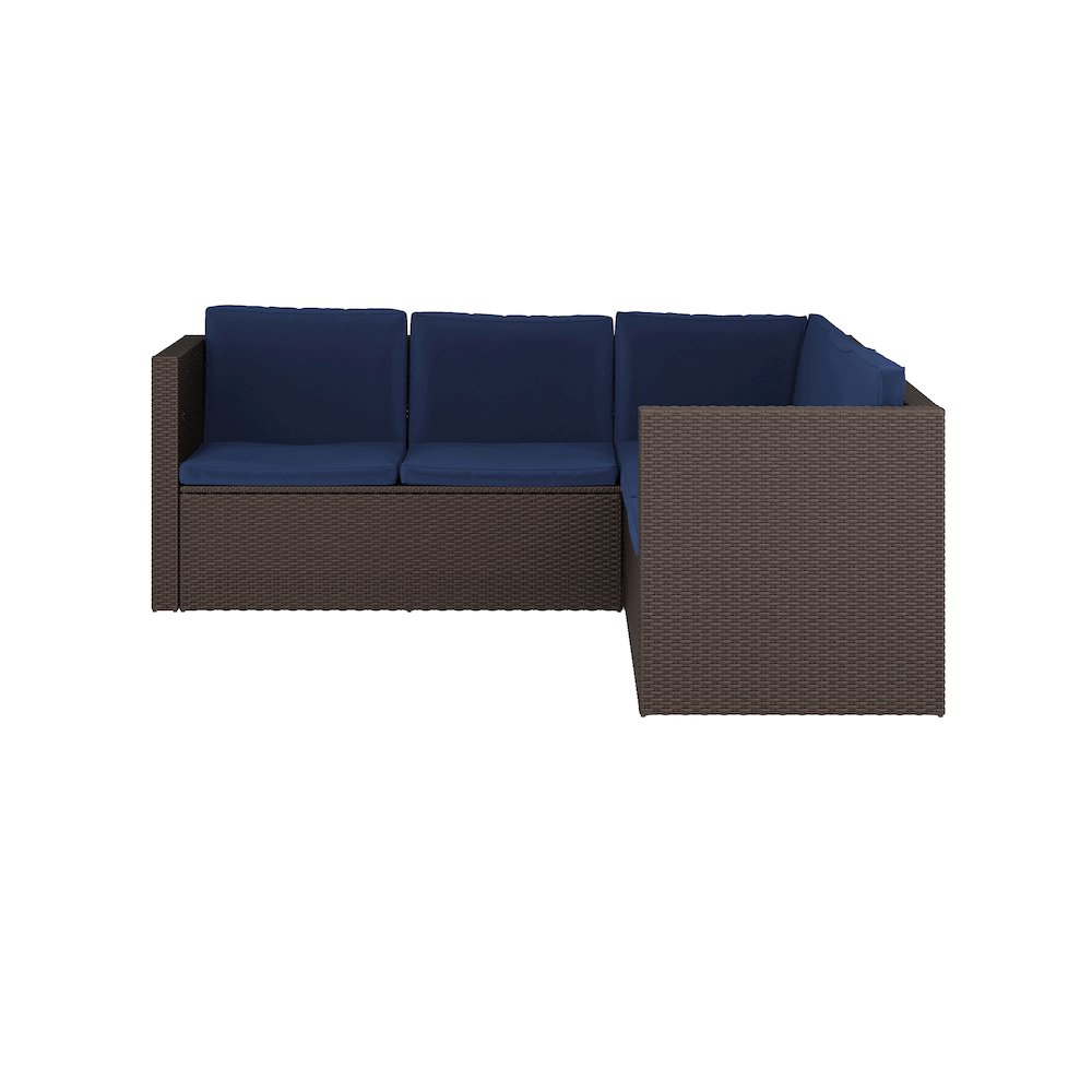 L-Shaped Sectional with Coffee Table in Brown Wicker PE Rattan, Navy Cushions. Picture 13