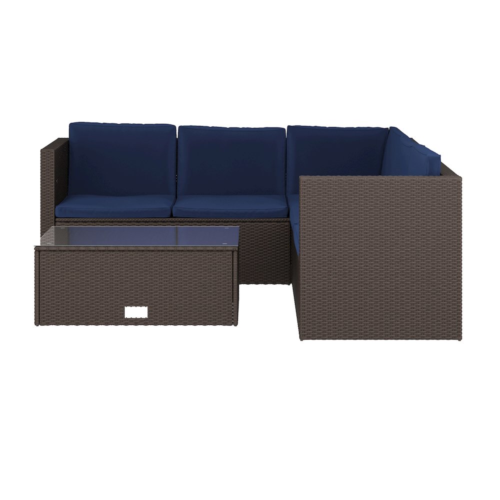 L-Shaped Sectional with Coffee Table in Brown Wicker PE Rattan, Navy Cushions. Picture 12