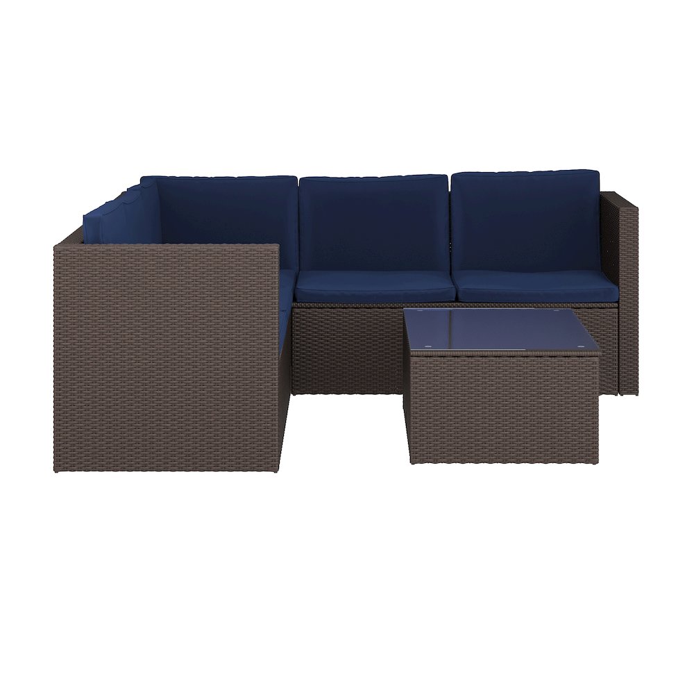 L-Shaped Sectional with Coffee Table in Brown Wicker PE Rattan, Navy Cushions. Picture 11