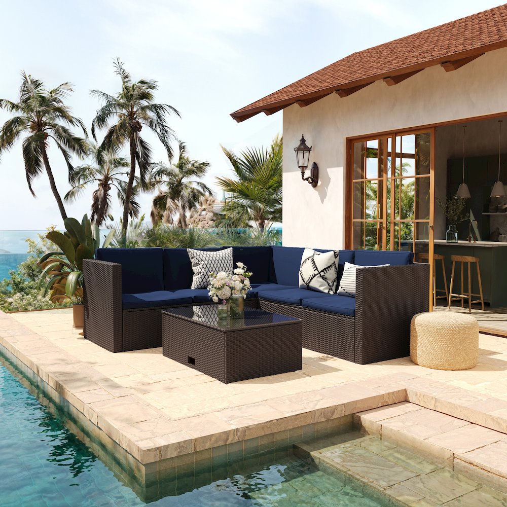 L-Shaped Sectional with Coffee Table in Brown Wicker PE Rattan, Navy Cushions. Picture 3
