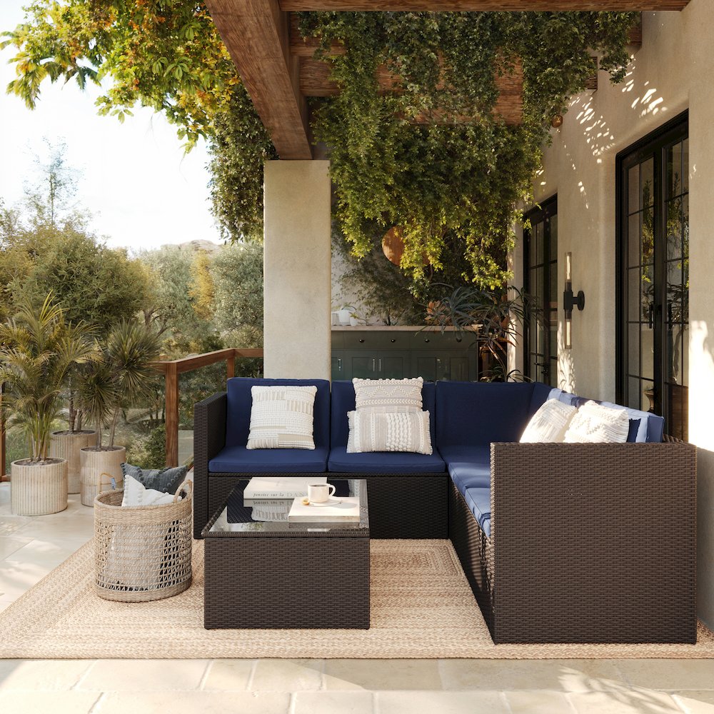 L-Shaped Sectional with Coffee Table in Brown Wicker PE Rattan, Navy Cushions. Picture 7