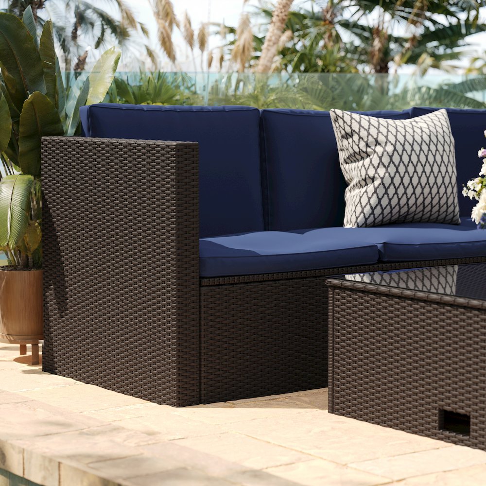 L-Shaped Sectional with Coffee Table in Brown Wicker PE Rattan, Navy Cushions. Picture 8