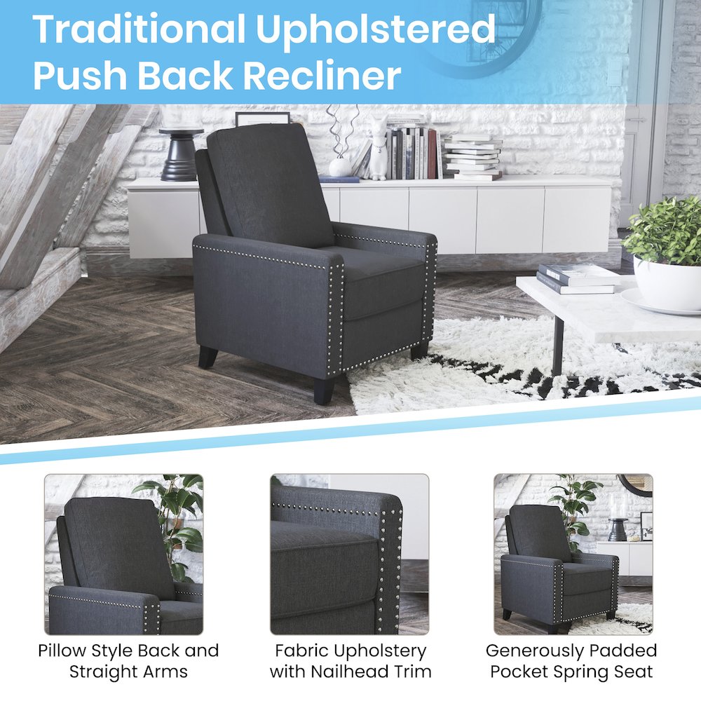 Push Back Recliner Chair - Pillow Back Recliner - Gray Fabric Upholstery. Picture 4