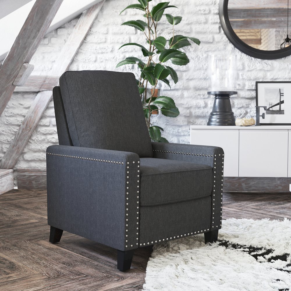 Push Back Recliner Chair - Pillow Back Recliner - Gray Fabric Upholstery. Picture 2