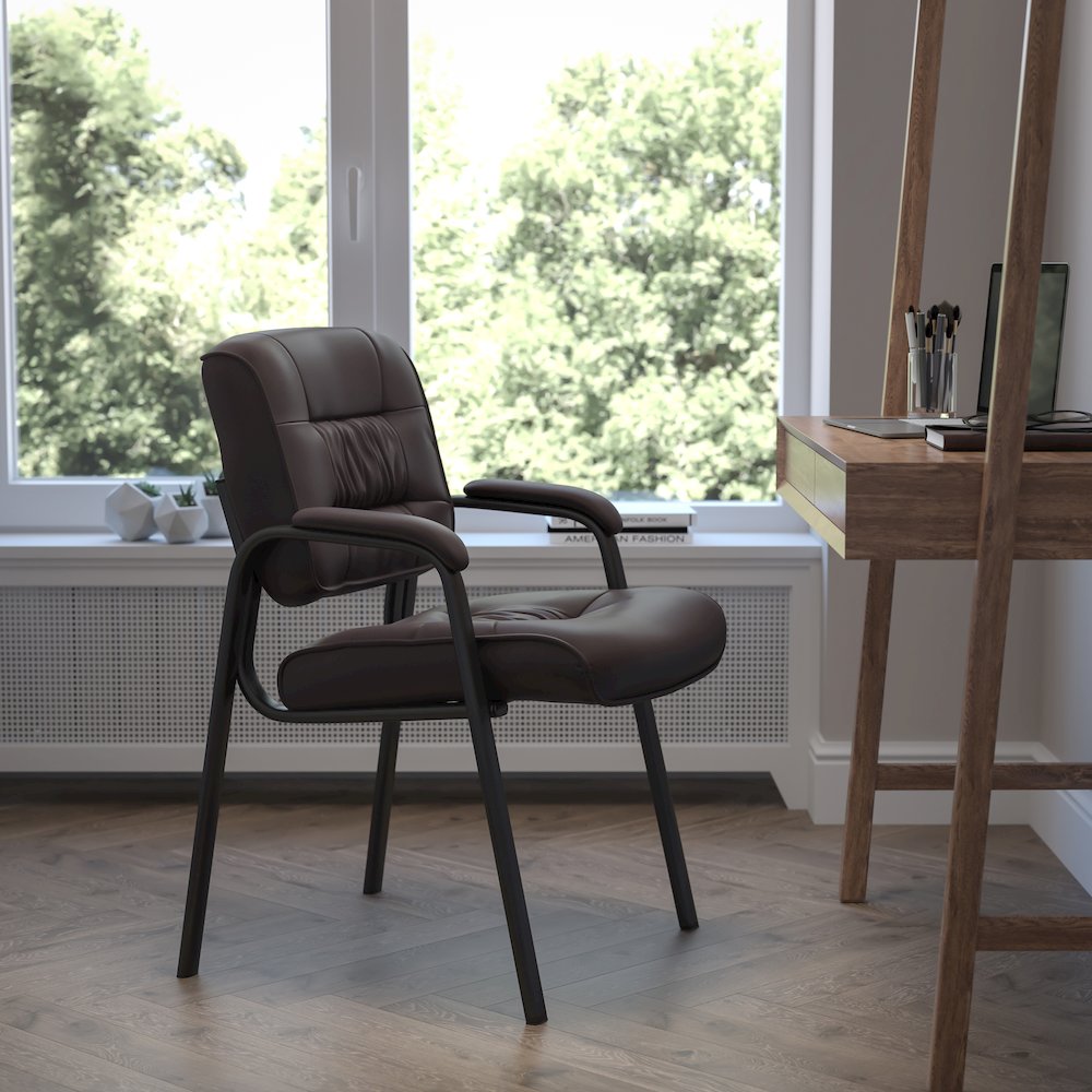 Brown LeatherSoft Executive Side Reception Chair with Black Metal Frame. Picture 2