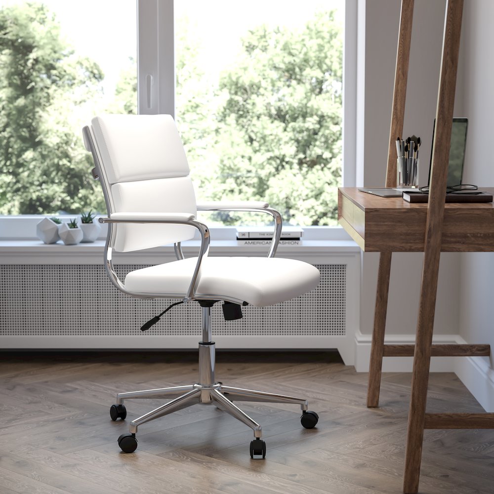 Mid-Back White LeatherSoft Contemporary Panel Executive Swivel Office Chair. Picture 11