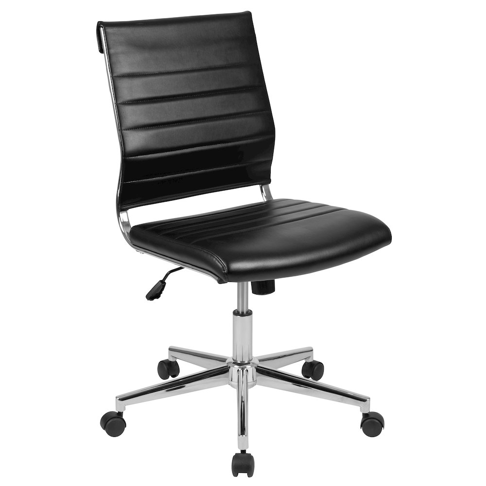 Mid-Back Armless Black LeatherSoft Contemporary Ribbed Executive Swivel Office Chair. Picture 1