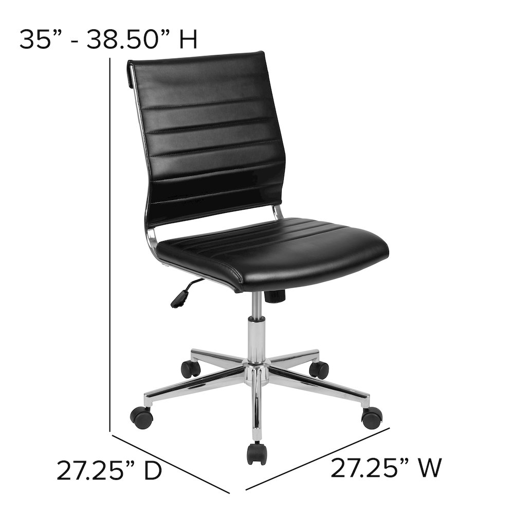 Mid-Back Armless Black LeatherSoft Contemporary Ribbed Executive Swivel Office Chair. Picture 2