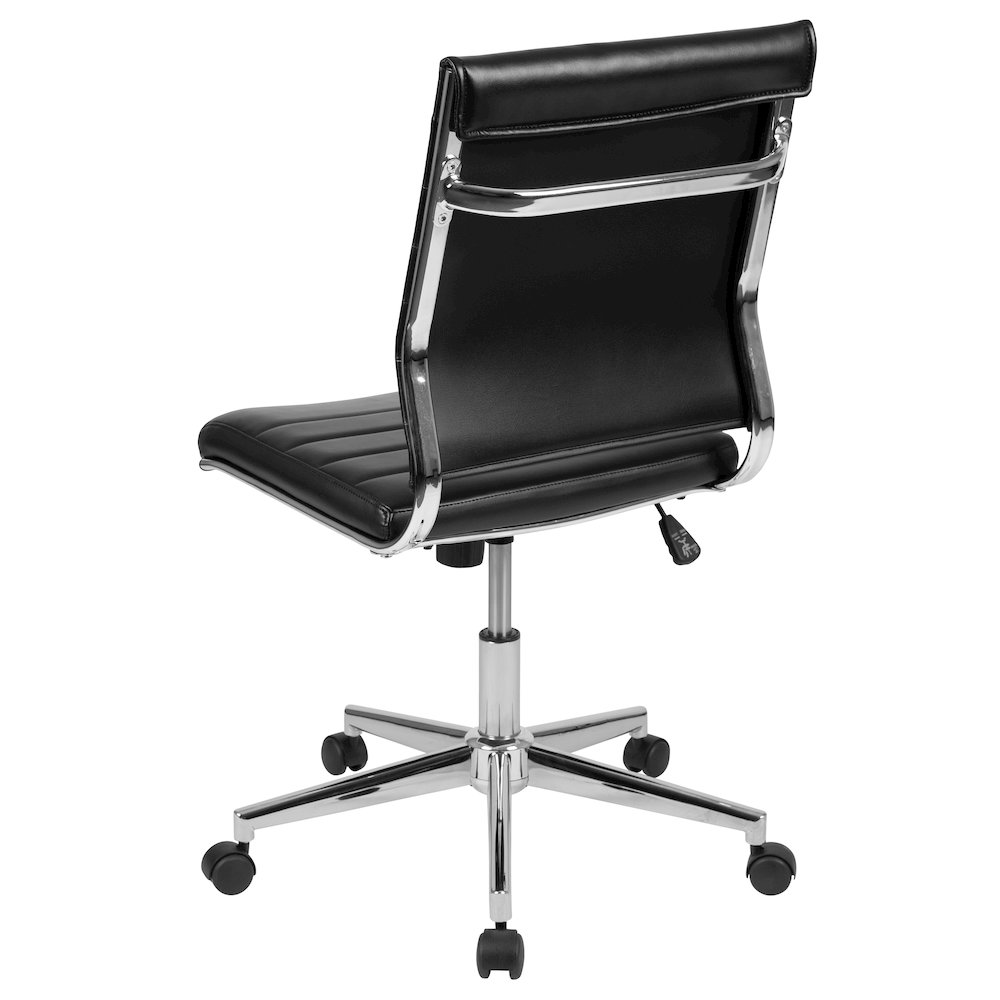 Mid-Back Armless Black LeatherSoft Contemporary Ribbed Executive Swivel Office Chair. Picture 4
