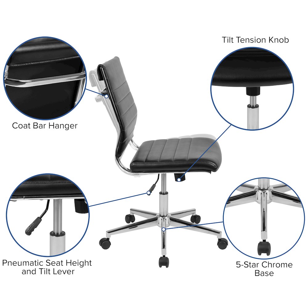 Mid-Back Armless Black LeatherSoft Contemporary Ribbed Executive Swivel Office Chair. Picture 6