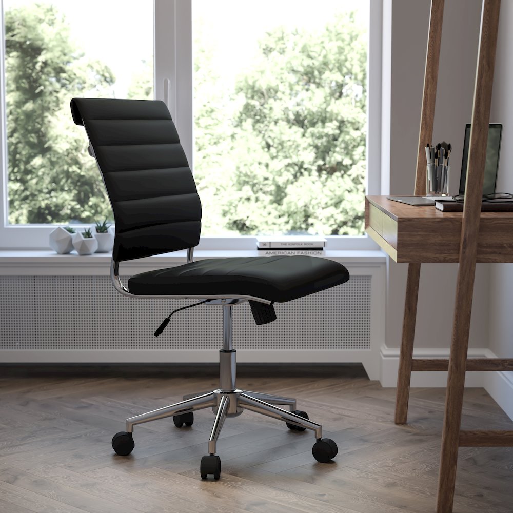 Mid-Back Armless Black LeatherSoft Contemporary Ribbed Executive Swivel Office Chair. Picture 11