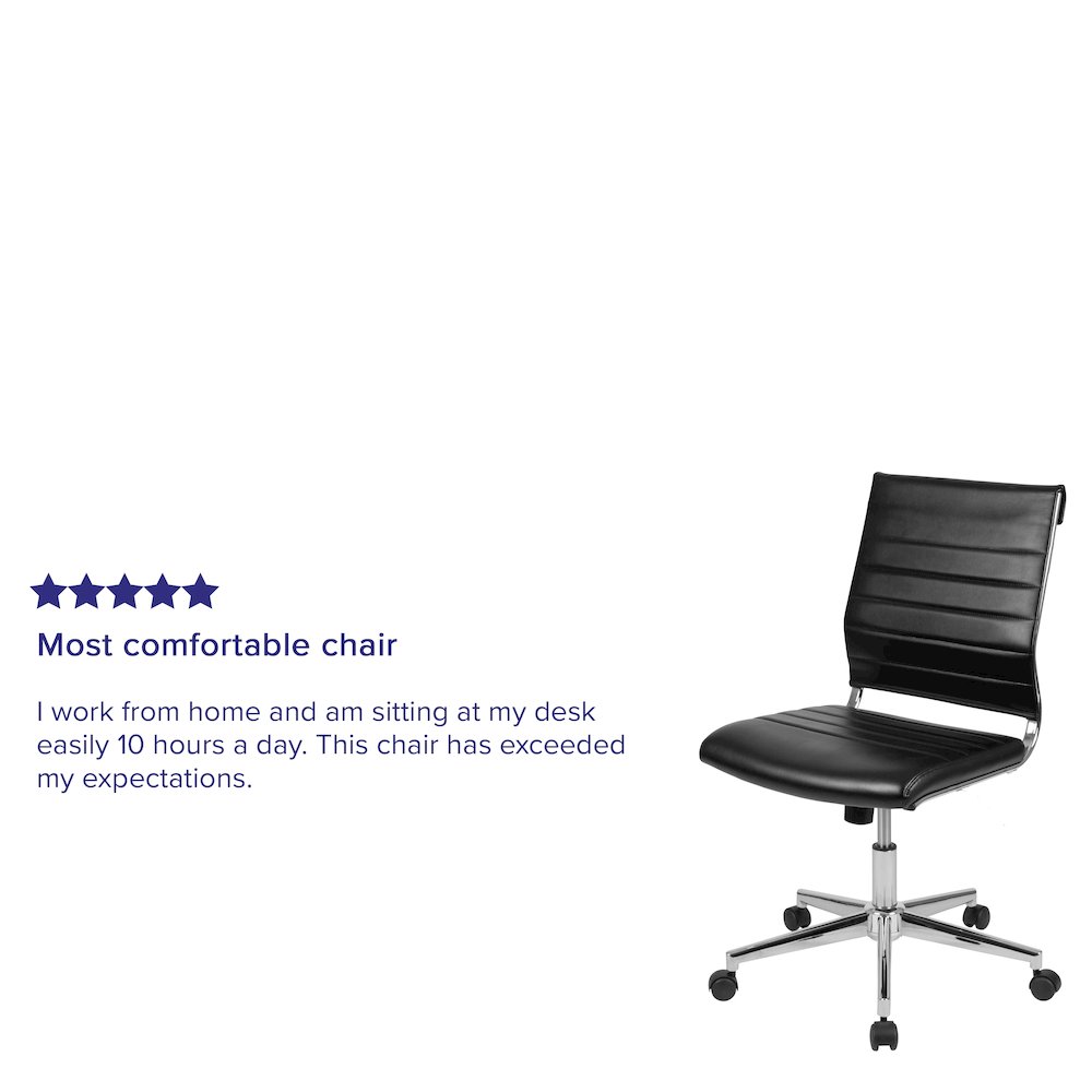 Mid-Back Armless Black LeatherSoft Contemporary Ribbed Executive Swivel Office Chair. Picture 12