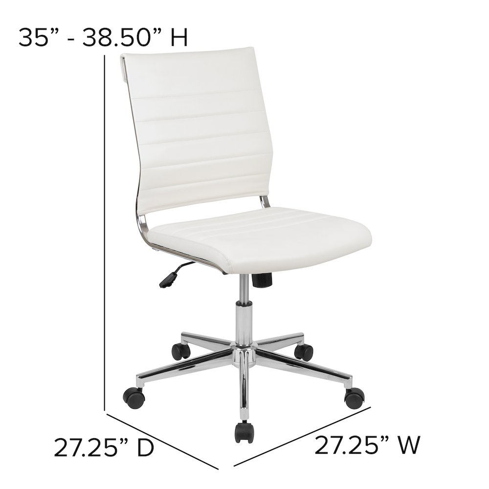 Mid-Back Armless White LeatherSoft Contemporary Ribbed Executive Swivel Office Chair. Picture 2