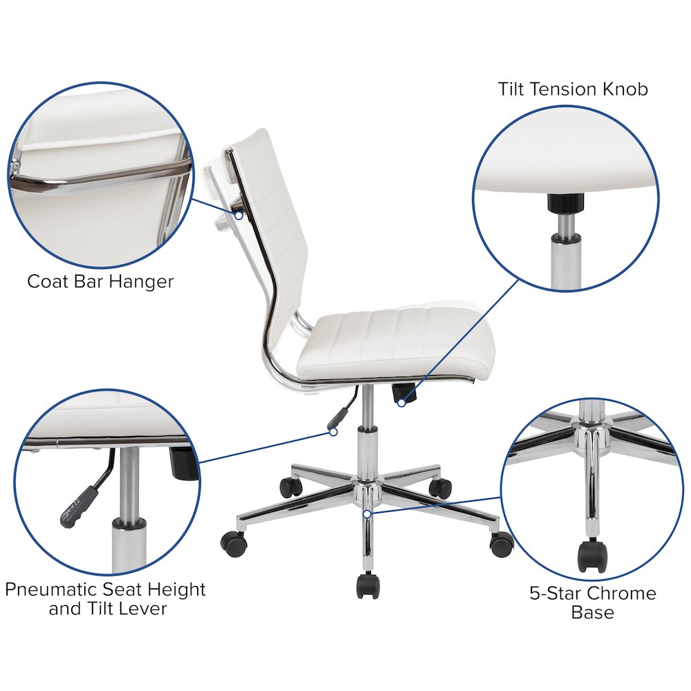 Mid-Back Armless White LeatherSoft Contemporary Ribbed Executive Swivel Office Chair. Picture 6