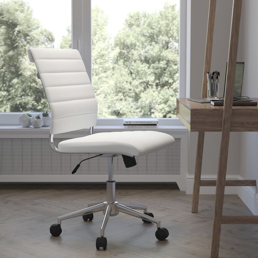 Mid-Back Armless White LeatherSoft Contemporary Ribbed Executive Swivel Office Chair. Picture 11